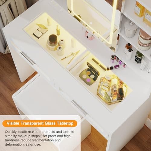 Hadulcet White Vanity Desk with Mirror and Lights, 35.5" Small LED Makeup Vanity Desk with 2 Acrylic Drawers, 6 Storage Shelves and Power Outlets for Girls Women Bedroom Dressing Room - Thumbnail 2