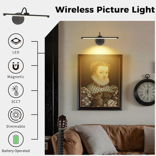 Wireless Picture Light, Magnetic Rechargeable LED Painting Light with Remote, Battery Operated Wall Art Light, 3 Color Temperatures, Dimmable Flexible Gooseneck Gallery Light for Frames, Black - Thumbnail 5