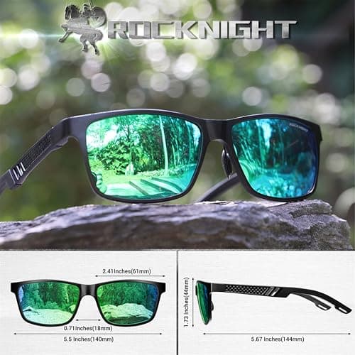 ROCKNIGHT HD Polarized Mens Sunglasses UV Protection Hiking Fishing Travel Mirrored Green Sunglasses Metal Frame Shades for Men - Thumbnail 3