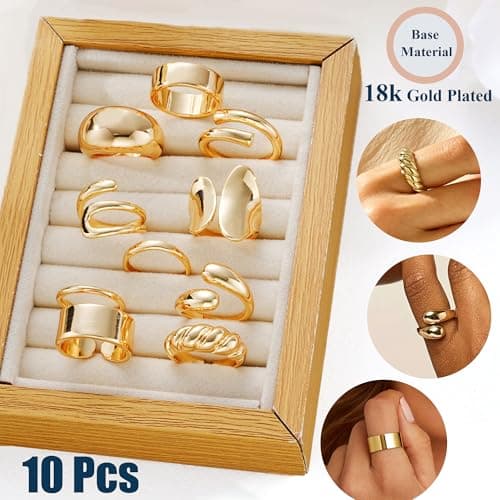 ÌF ME 10 PCS Gold Rings Set for Women Non Tarnish, 18K Gold Plated Chunky Stackable Rings, Statement Stacking Womens Ring Pack - Thumbnail 5