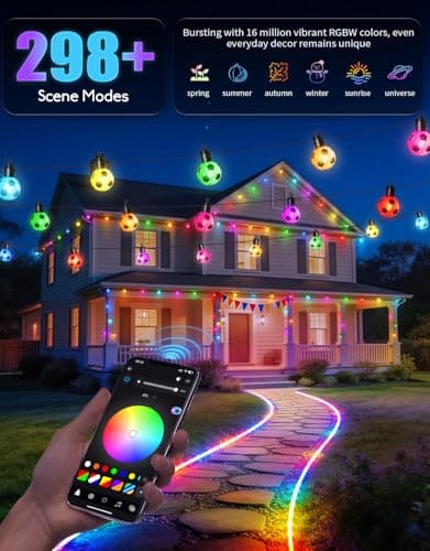 RainbowShow 2026 World Cup Smart Outdoor String Lights - 50ft 15 RGBW LED Bulbs 16 Million Colors App Control Soccer Ball Shaped Patio Lights - Thumbnail 3