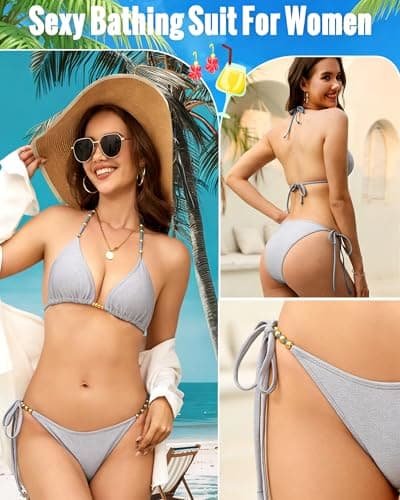 jabeick Bikini Sets for Women Two Piece Swimsuit Gold Beads Adjustable Straps Bathing Suit Triangle Cheeky String Bikini Sets - Thumbnail 4