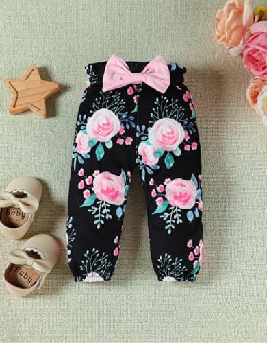 FAMIHAO Big Sister Little Sister Matching Outfits Long Sleeve Ruffle Romper Floral Pants Headband Baby Girl Clothes 3Pcs,0-3M Pink&Black - Thumbnail 6