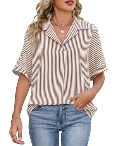 IEEILULU Womens Striped Collared Shirt Dressy Casual Short Sleeve Shirt Blouse Tops Oversized Business Work Shirts Brown Striped S - Image 1