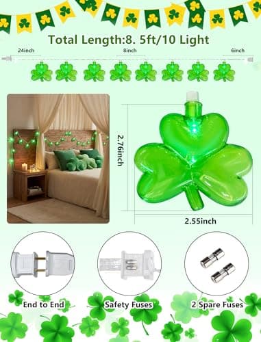 LED Shamrock String Light, 8.5Ft Clover String Light with 10 3D Green Clover Lights,Outdoor Irish Shamrock St Patrick's Day String Lights for Indoor Outdoor St. Patrick's Day Party Irish Holiday Decor - Thumbnail 2