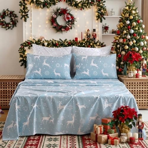 CAROMIO Christmas Sheets Queen, Soft Brushed Microfiber Bed Sheet Set, 16 Inches Deep Pocket Fitted Sheet Winter Holiday Sheets Set (Blue, Queen) - Image 1
