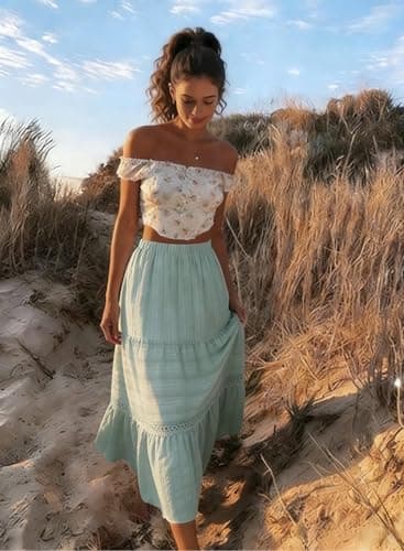 BLENCOT Women's Boho Tiered Maxi Skirt Cotton Gypsy Hippie Style Crochet Lace Long Skirts for Women Vacation and Beach Green 2X-Large - Thumbnail 4