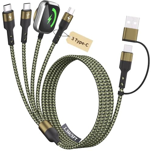 3 Type-C Ports 4 in 2 Multi Charging Cable for iWatch Charger/ iPhone17, 2026 Travel Cruise Essentials USB C Splitter, USBA/USBC Cable for iWatch Ultra/SE/11-2, iPhone17-15/S26/Car, More, 5FT Olive