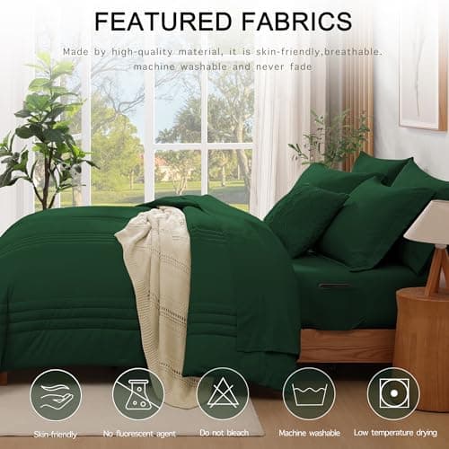 Monbix Full Comforter Set - 7 Pieces Emerald Green Bed in a Bag Full Size Bedding Sets with Comforters, All Seasons Comforter with Sheets, Pillowcases & Shams - Thumbnail 3
