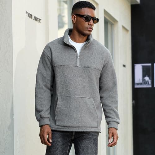ZAFUL Mens 1/4 Zipper Fluffy Polar Fleece Pullover Sweatshirt Printed Kangaroo Pocket Fall Winter Unisex Hoodie Tops Gray L - Thumbnail 3