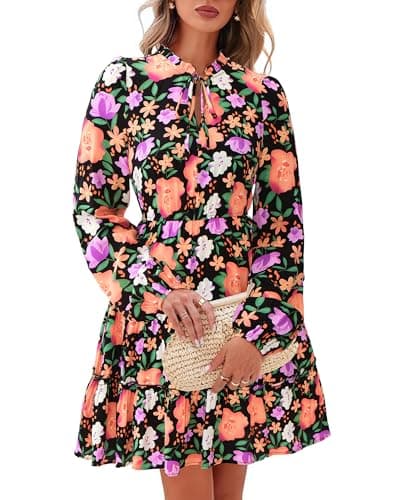 BTFBM Women Spring Dresses 2026 Floral V Neck Long Sleeve Tiered Ruffle Boho Swing Flowy A-Line Mini Dresses Vacation(Black Orange Yellow Floral,Medium) - Image 1