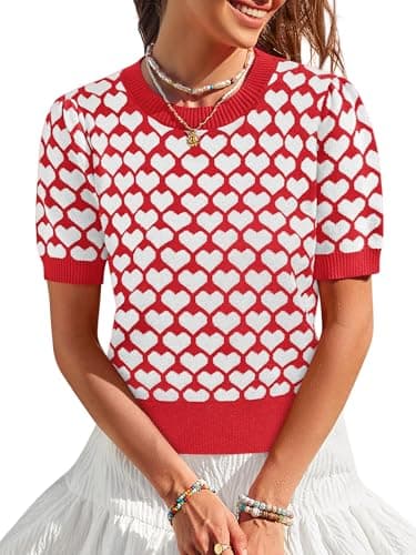 Women Puff Short Sleeve Sweater Casual Cropped Knit Shirts Cute Heart Holidays Graphic Print Pullover Jumper Tops 2025 Red - Thumbnail 2