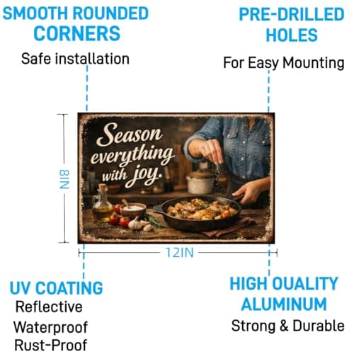 Season Everything With Joy Tin Sign Vintage Kitchen Wall Decor Rustic Cooking Quote Metal Poster Farmhouse Culinary Art 8x12 Inch Retro Food Lover Gift Home Restaurant Cafe Bar Wall Display - Thumbnail 5