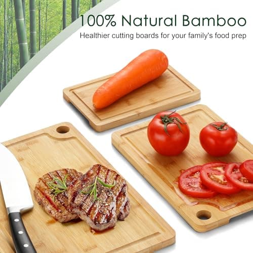 Bamboo Cutting Board Set of 3 - Durable Bamboo Cutting Boards with Deep Juice Grooves & Built-in Handles & Hanging Holes, Reversible Wooden Cutting Boards for Kitchen, Meat, Vegetables - Thumbnail 4