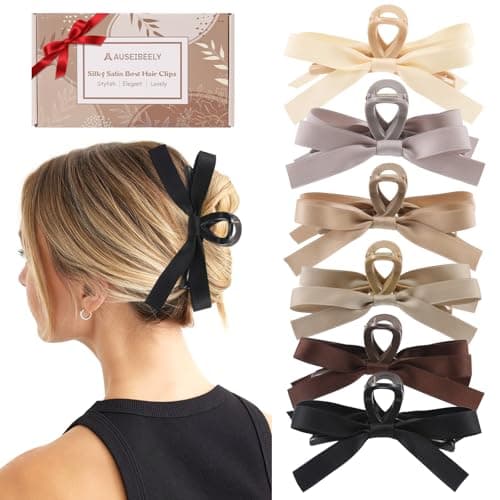 Auseibeely 6 PCS Silky Satin Bow Hair Clips, Non-Slip Clips for Thin and Thick Hair, Bows for Women, Girls, Weddings, and Bridesmaids - Image 1