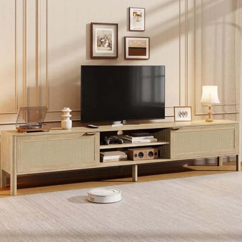 IKALIFE Rattan TV Stand for Living Room - Fits up to 85 Inch TVs, Rattan Media Console Table with Adjustable Shelves & 2 Storage Cabinets, Mid-Century Modern Entertainment Center, Oak 80" - Image 1