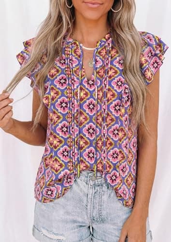 PRETTYGARDEN Women's Boho Flutter Sleeve Blouses Floral Print V Neck Summer Tops Casual Dressy Work Shirts Spring Clothes (Floral Purple Red,XXL) - Thumbnail 3
