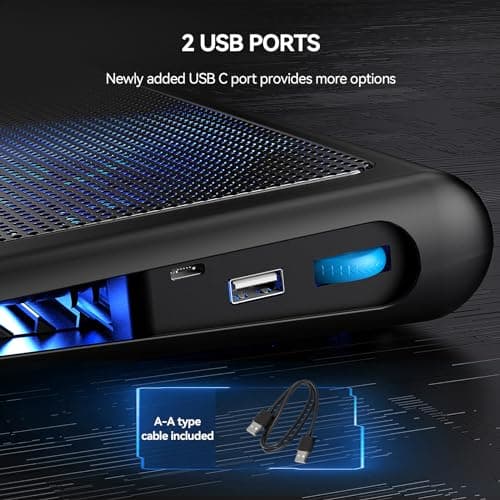 TECKNET Laptop Cooling Pad - 12"-15.6" Laptops Cooler, Powerful Cooler and Ultra Quiet for Gaming Laptops Pad, 2 Wind Speed Adjustable, USB A & C Powered Cooler Stand with Laptop Fan LED (Blue) - Thumbnail 4