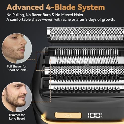 Electric Razor for Men, Advanced Foil Shaver with 4 Floating Blades(2 Foils + 2 Trimmers), Close Shave Without Tugging, Travel Electric Razor for Teenagers, Men & Fathers - Thumbnail 2