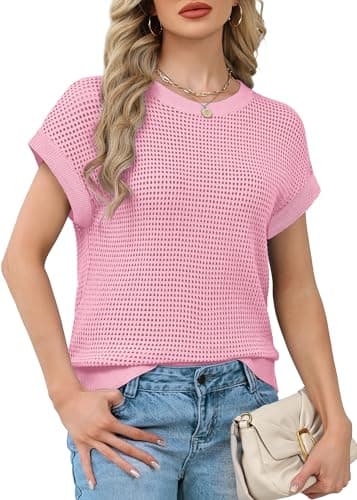 Womens Tops Trendy Short Sleeve Sweater for Women Spring Tops Cute Summer Outfits Cruise Teacher Resort Wear 2026 Boho Beach Vacation Clothes Fashion Clothing Business Casual Shirts Dressy Work Pink - Thumbnail 3