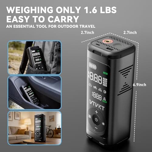 VTVKT Tire Inflator Portable Air Compressor, 150PSI Cordless Fast Inflation Air Pump, All-Aluminum Body, 12000mAh Battery Capacity, Digital Gauge, 45W 4X Fast Charging, Flagship Package - Thumbnail 5