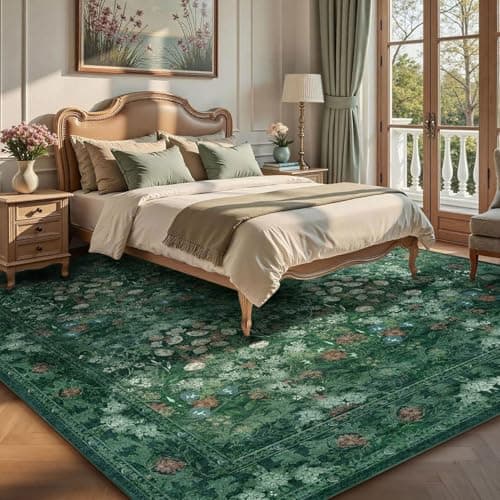 Green Floral 8x10 Living Room Area Rug, Washable Vintage Distressed Rug for Bedroom, Dining Room Under Kitchen Table, Large Low Pile Non Slip Carpet - Soft Boho Botanical Accent Mat - Thumbnail 2