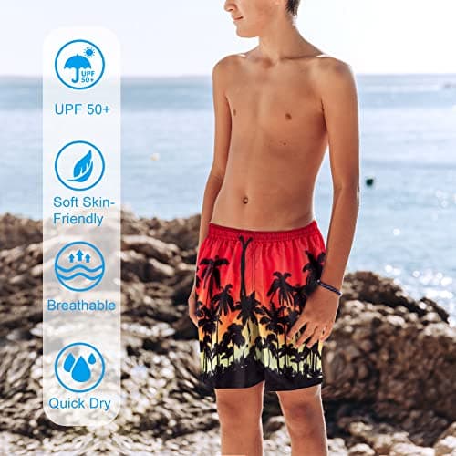 Cozople Boys Palm Tree Swim Trunks Quick Dry UPF Boxer Brief Liner Swimwear Bathing Suits Summer Surfing Beach Boardshorts Swimsuit with Inner Compression Shorts Lining - Thumbnail 4