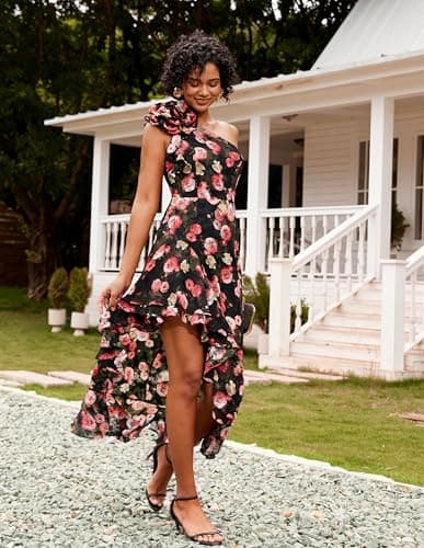 GRACE KARIN Women 2026 Summer One Shoulder Dresses Sleeveless Floral Flowy Boho Smocked Maxi Sundresses Black 8 - Thumbnail 5