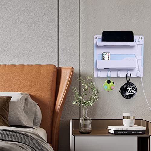 JUMEIHUI Bedside Shelf Wall Mount, Adhesive Bedside Shelf Accessories Organizer with Hooks and Cable Clips,Dorm Bedside Wall Storage for Phone, Remote, Earphone, Kindle,Plastic(White) - Thumbnail 2