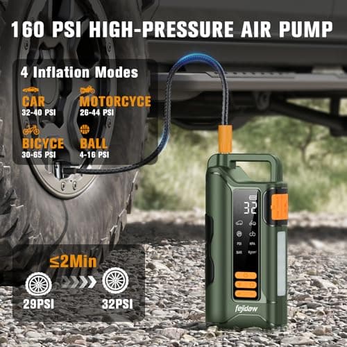 Jump Starter with Air Compressor,5000A Car Battery Jumper Starter, 16000mAh Battery Jumper Starter Portable for 10L Gas/Diesel Engine with 160PSI Booster,LED Display & Light,Jumper Cables - Thumbnail 2