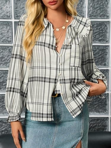 Tankaneo Womens Peter Pan Collar Button Down Shirts Long Sleeve Plaid Blouse Dressy Casual Fall Tops Black White - Thumbnail 3