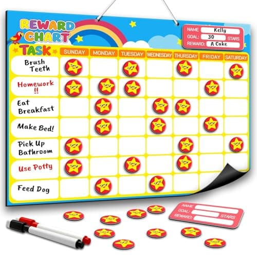 Magnetic Reward Chart for Kids, Customizable Weekly Chores Chart with 1 Name Sticker & 52 Magnetic Star Stickers, Dry Erase Behavior Chart for Kids Potty Training, Toddler Routine Daily Record - Image 1