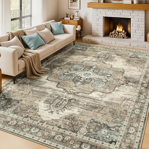Vibrug Washable Rug for Living Room Bedroom, 8x10 Area Rugs for Dining Room Home Office, Non Slip Low Pile Rug Indoor, Vintage Boho Floral Medallion Carpet, Retro Brown - Image 1