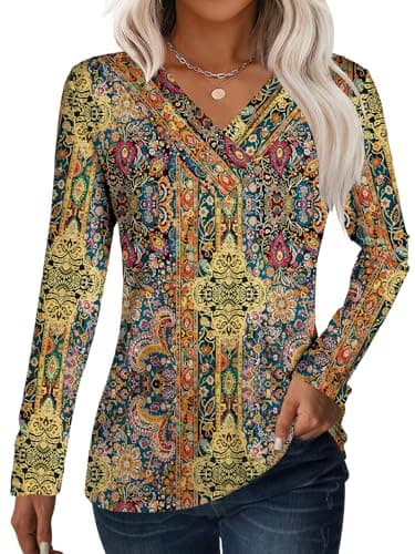 GKBK Women Long Sleeve Tunic Tops for Leggings V Neck Button Down Loose T Shirts 2026 Dressy Business Casual Blouse Pullover Sweatshirt Work Cute Trendy Sweater Clothes Brown Boho L - Image 1