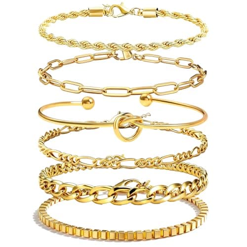 Alegend Bracelets Sets 14K Gold Plated Chic Stackable Twisted Rope Chains Link Paperclip Unique Six-Layered Design - Image 1