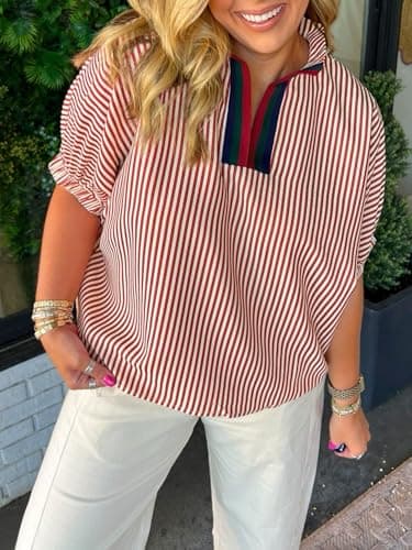 BKBEY Womens Striped Contrast Neck Shirts Elbow Puff Sleeve Dolman Blouse Top Red - Thumbnail 3