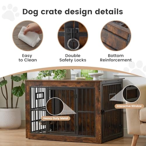32 Inch Heavy Duty Dog Crate Furniture for Medium/Small Dogs, Decorative Pet House End Table with 3 Doors & Adjustable Bowls, Wooden Cage Kennel Furniture Indoor, Rustic Brown - Thumbnail 5