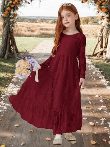ALLOVIN Toddler & Girls Long Sleeve Lace Flower Girl Dress Maxi Boho A-Line Dress for Wedding Baptism 1st Communion | Burgundy | 3-4Y - Thumbnail 3