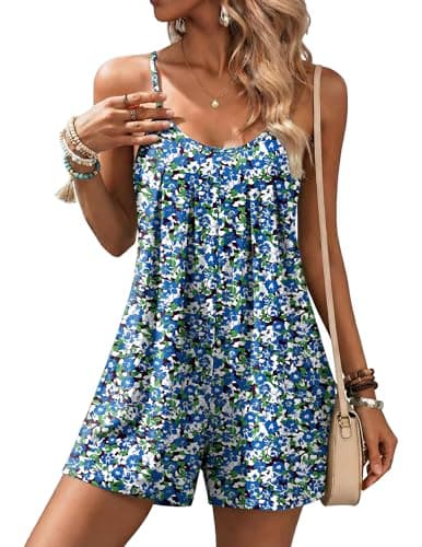 Ekouaer Rompers for Women Summer Sleeveless Shorts Casual Spaghetti Strap Jumpsuits with Pockets Beach Vacation Outfits Blue Green Floral M - Image 1