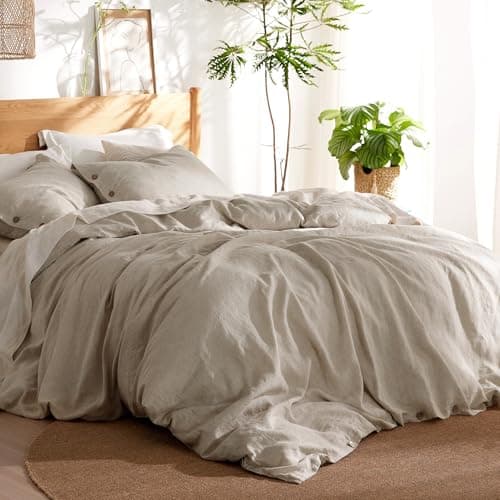 Bedsure Linen Duvet Cover Queen Size - Linen Cotton Blend Bedding Set, Soft & Cozy, 3 Pieces, 1 Duvet Cover 90x90 Inches and 2 Pillowcases, Natural Color Cooling Bedding, Comforter Sold Separately - Image 1