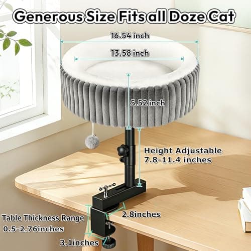 TNELTUEB Cat Desk Bed - 360° Rotating,Clamp On Cat Bed for Desks, Adjustable High Support Up to80 lbs for Office, Game Table, Island Tables, Desktop Attachment Hammock Grey - Thumbnail 6
