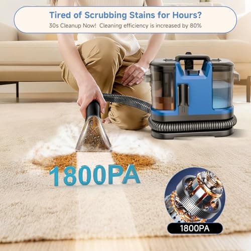 Vaconly Portable Carpet & Upholstery Cleaner Machine, Handheld Spot Cleaner with Dual Brush, 18KPa Suction, Large Removable Tank for Couch, Car, Stairs, Rugs & Pet Stains, Blue - Thumbnail 3