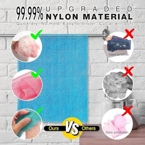 UJFQBH 3 Pieces African exfoliating net African Net Long Net Bath Sponge Exfoliating Shower Body Scrubber Back Scrubber Skin Smoother,Great for Daily Use (Pink, Blue, Green) - Thumbnail 2