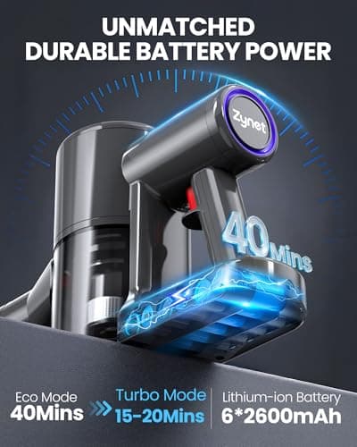 Zynet Cordless Vacuum Cleaner, 500W/45KPA/40Mins Lightweight Stick Vacuum for Home, LED Display and Green Headlights, 6-Stages Filtration, Self-Standing Vacuum for Hard Floor, Carpet - Thumbnail 3