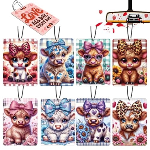 Car Air Fresheners Highland Cow Gifts Ornament for her 8 Pack, Cute Cow Hanging Car Accessories Interior for Women Wife Girls Lover Home Decorations Gift Birthday Party Valentines Day Gifts - Image 1