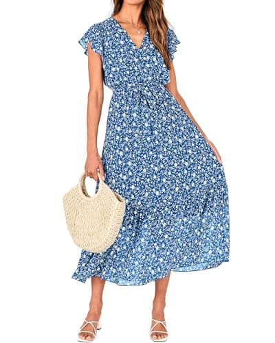 BTFBM Women Summer Bohemian Floral Casual Wrap V Neck Ruffle Cap Sleeveless Belt A-Line Pleated Hem Swing Midi Sun Dress (Floral White Blue, Small) - Image 1