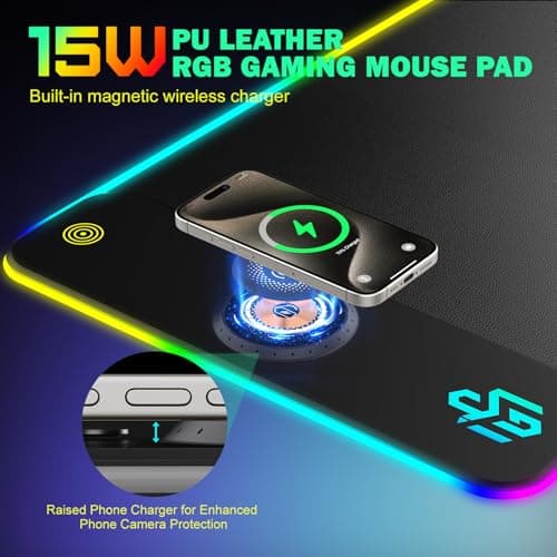 GIM PU Leather RGB Gaming Mouse Pad with 15W Magnetic Wireless Charging, 800x300x4mm LED Mouse Mat, 10 Light Modes, Non-Slip Rubber Base for PC MacBook Laptop - Thumbnail 2