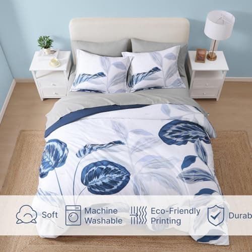 WRENSONGE Queen Comforter Set- 7 Pieces Blue Tropical Leaves Soft Bedding Sets, Coastal Bed in a Bag, Botanical Printed Comforter with Sheets for All Season - Thumbnail 5