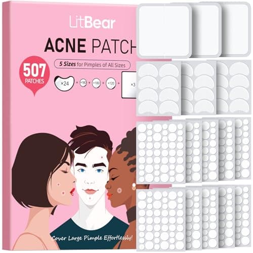 LitBear Pimple Patches for Face, Large Acne Patch, XL Hydrocolloid Bandages,Zit Stickers for Forehead, Chin, Nose, Body, Back, and Chest, Includes Crescent, Square, and Dot (5 Sizes, 507 Patches) - Image 1