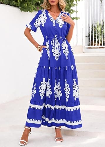 Lazysmile Summer Dresses for Women Short Sleeve V Neck Floral Drawstring Flowy A Line Boho Maxi Dress with Pockets Blue - Thumbnail 6